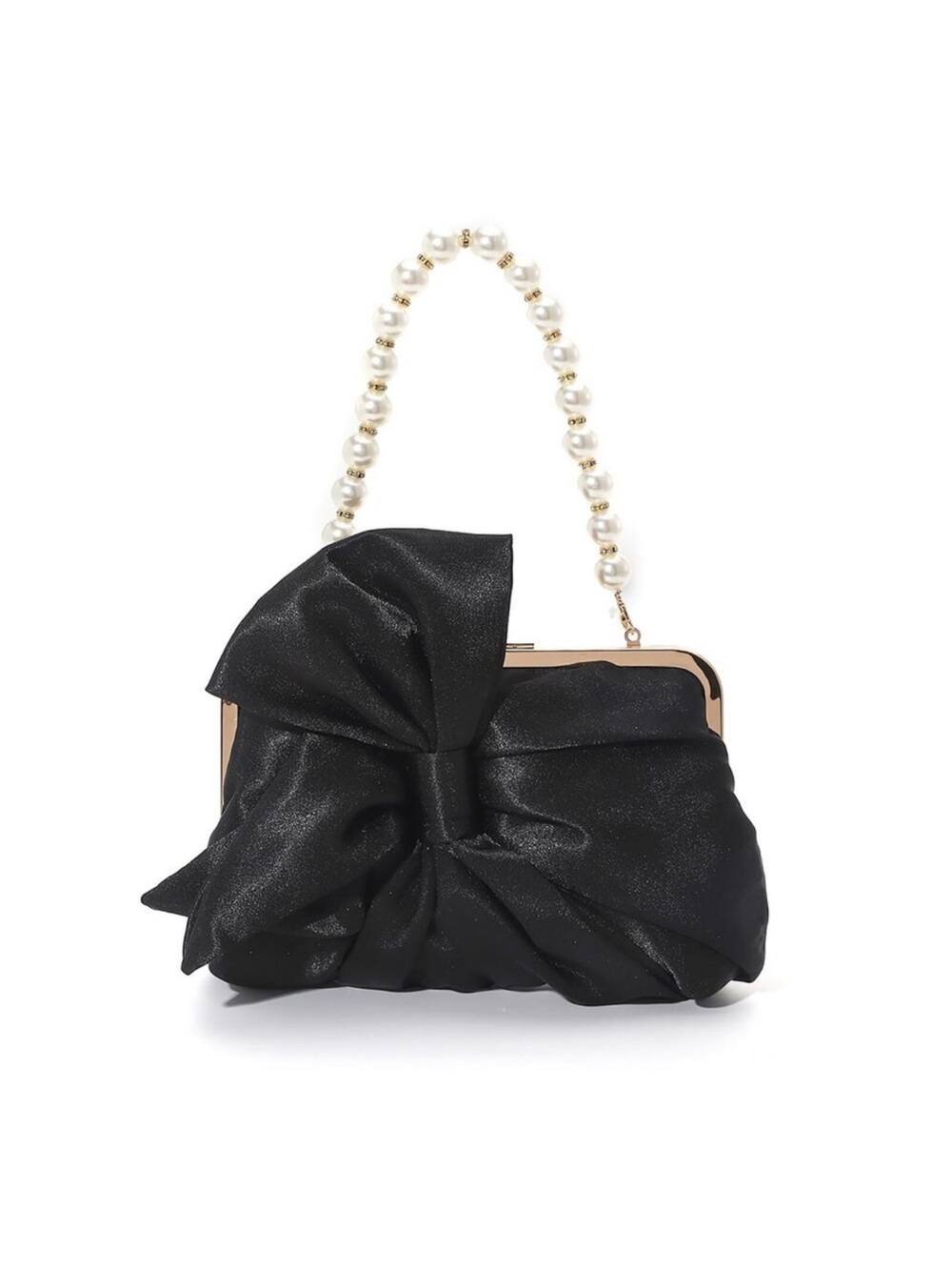 New Black Satin Clutch Purses Pearl Evening Bags Bow Flower Wedding Handbag Chic